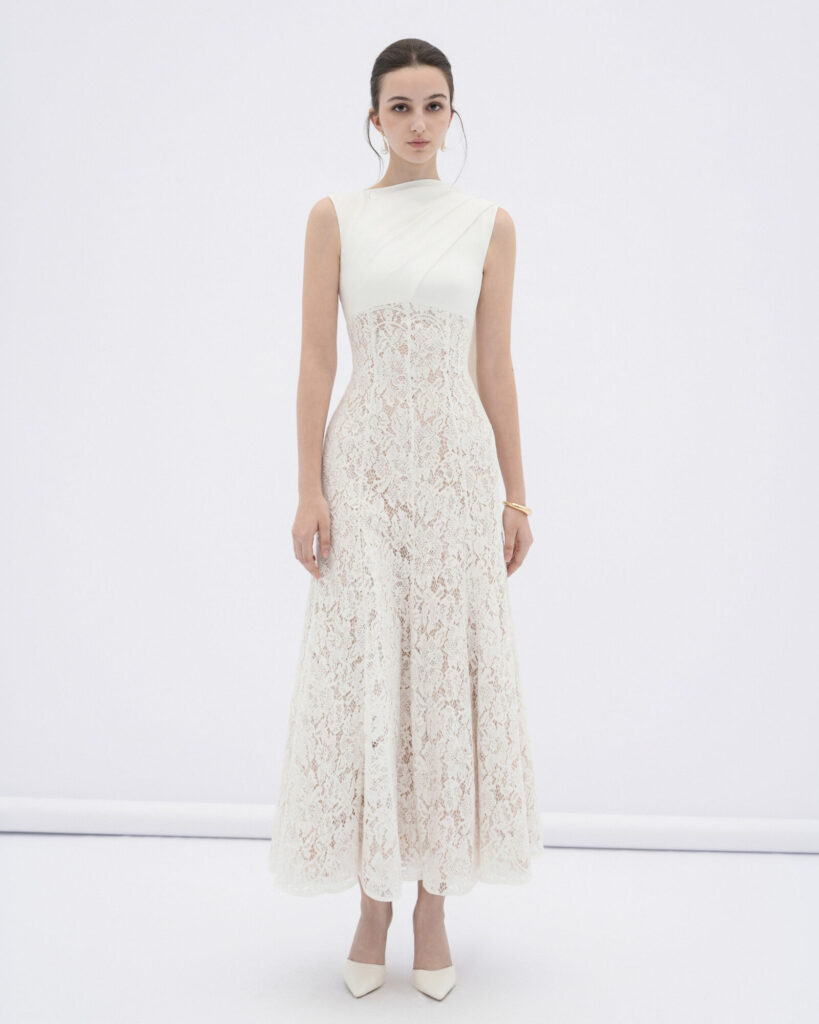 Velin lace midi dress with draped silk neck