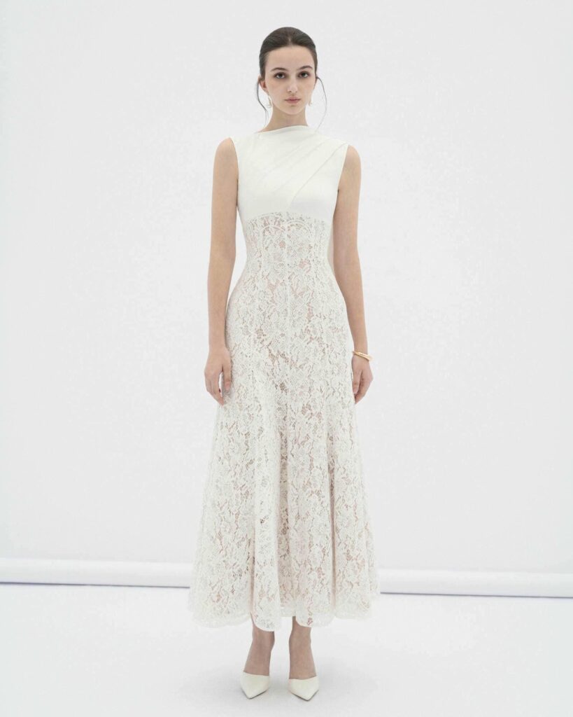 Velin lace midi dress with draped silk neck