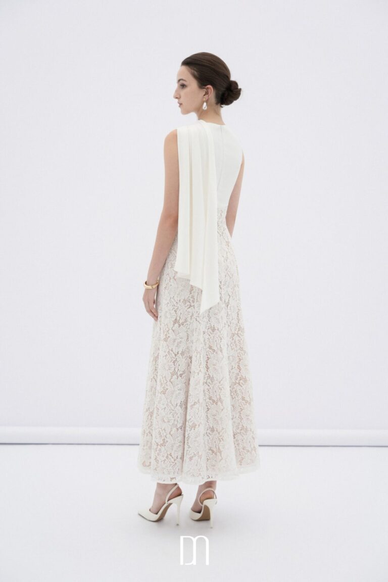 Velin lace midi dress with draped silk neck