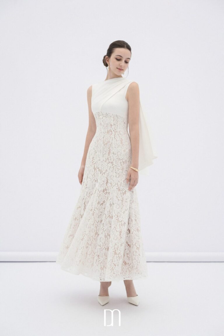 Velin lace midi dress with draped silk neck