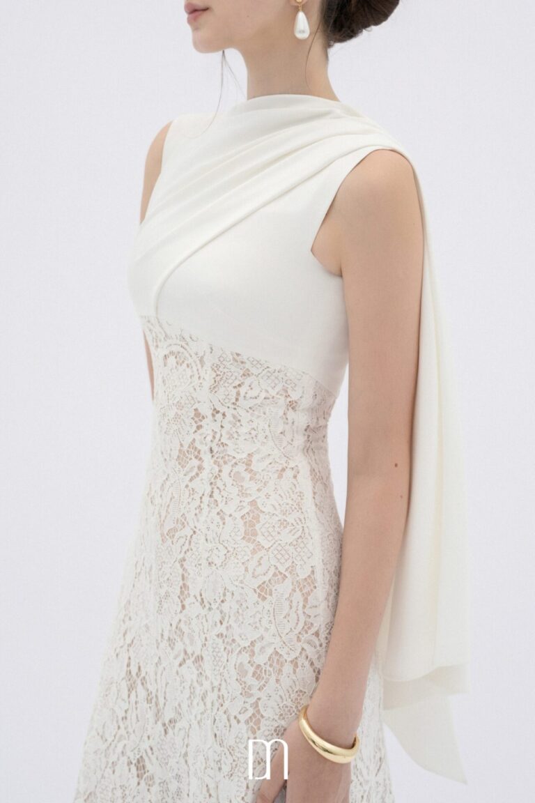 Velin lace midi dress with draped silk neck
