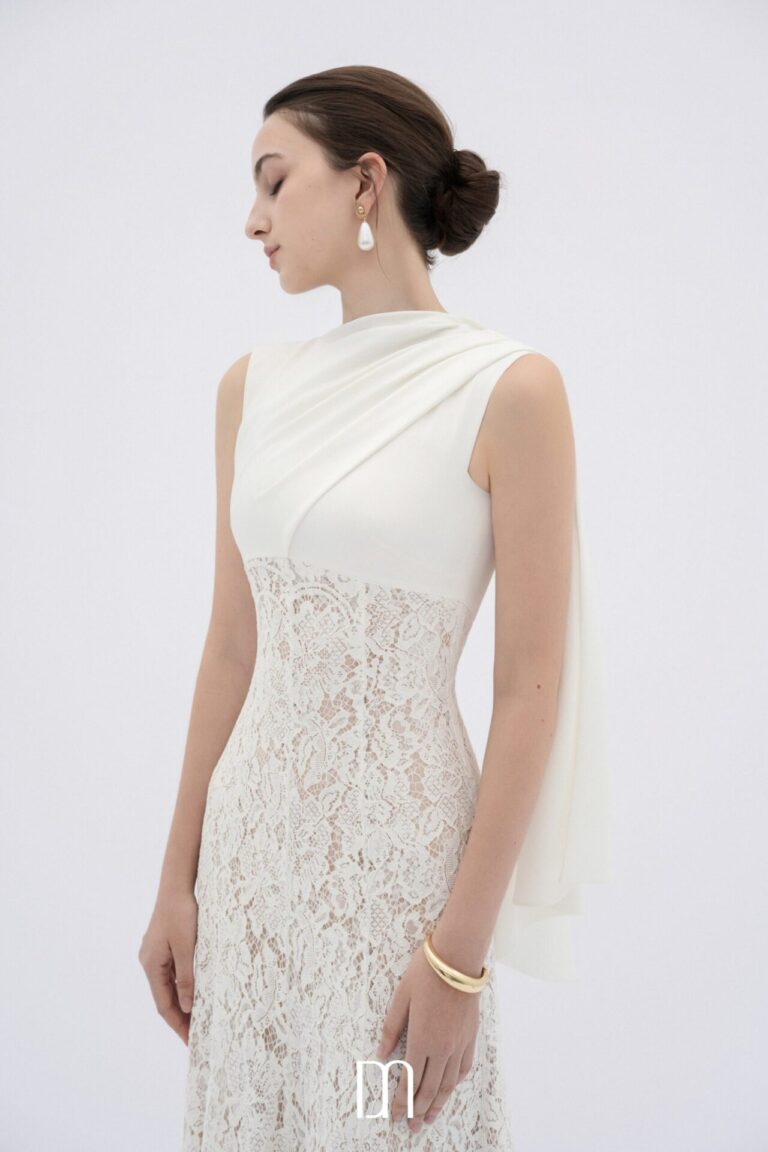 Velin lace midi dress with draped silk neck