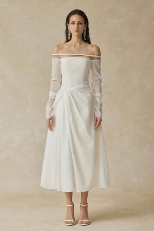 Velora Midi dress with off-shoulder and twisted hip detail