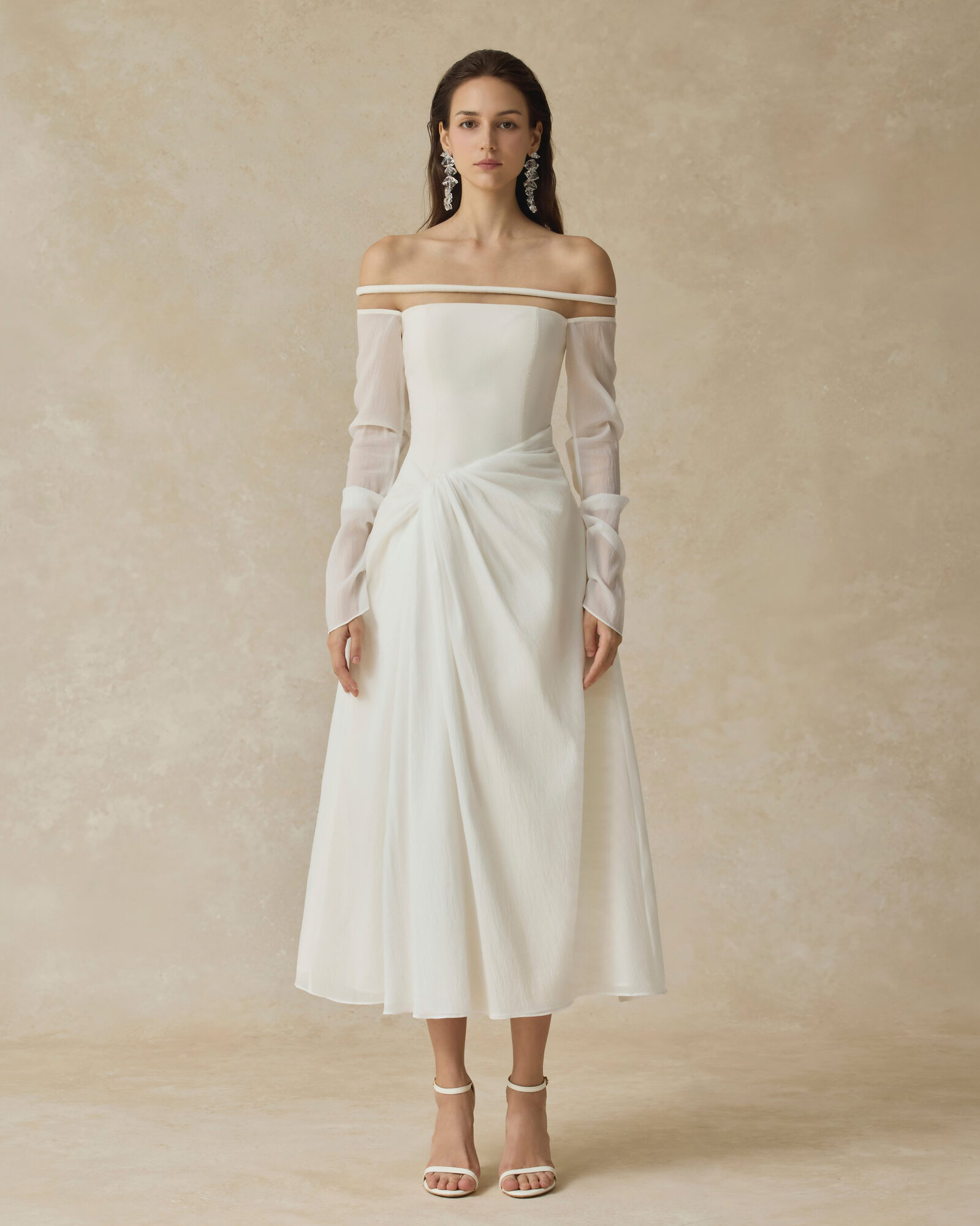 Velora Midi dress with off-shoulder and twisted hip detail