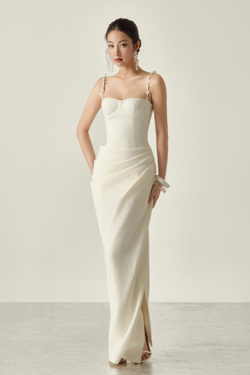 Magnolia Side Slit Drapped Midi Dress With Flowers Straps