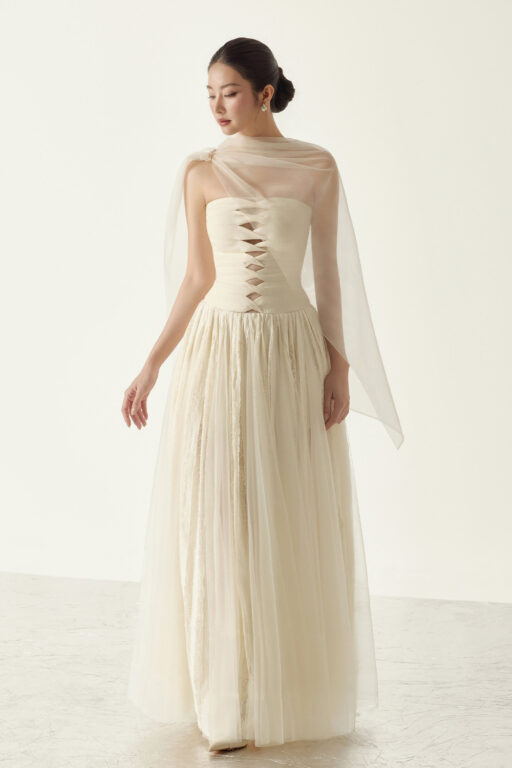 Elizabeth Strapless Lace Mesh Dress With Cape