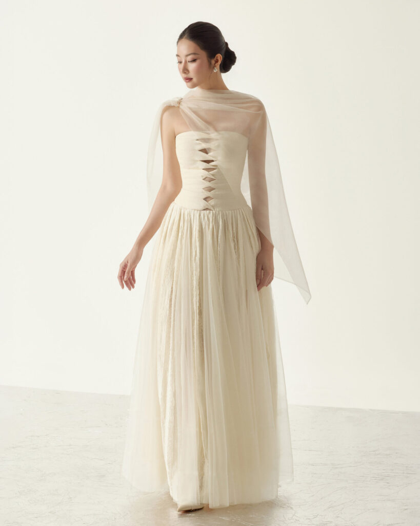 Elizabeth Strapless Lace Mesh Dress With Cape