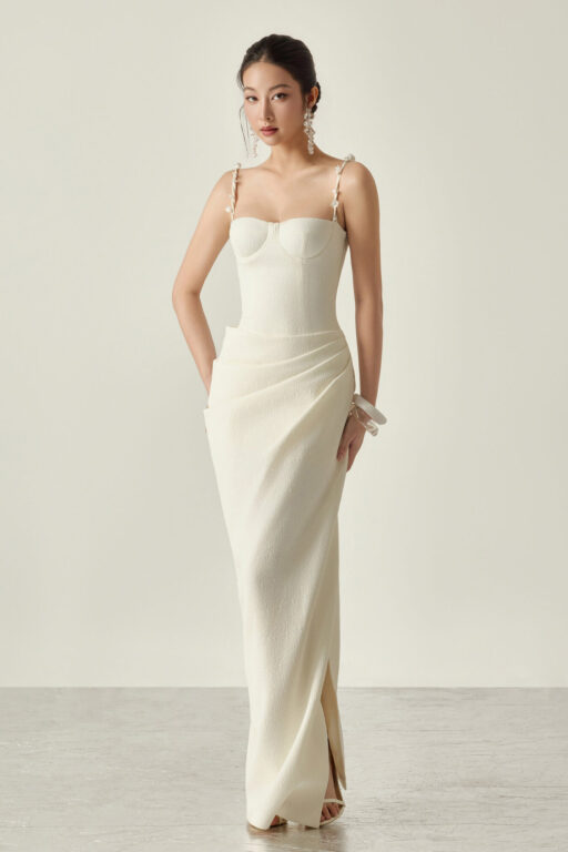 Magnolia Side Slit Drapped Midi Dress With Flowers Straps
