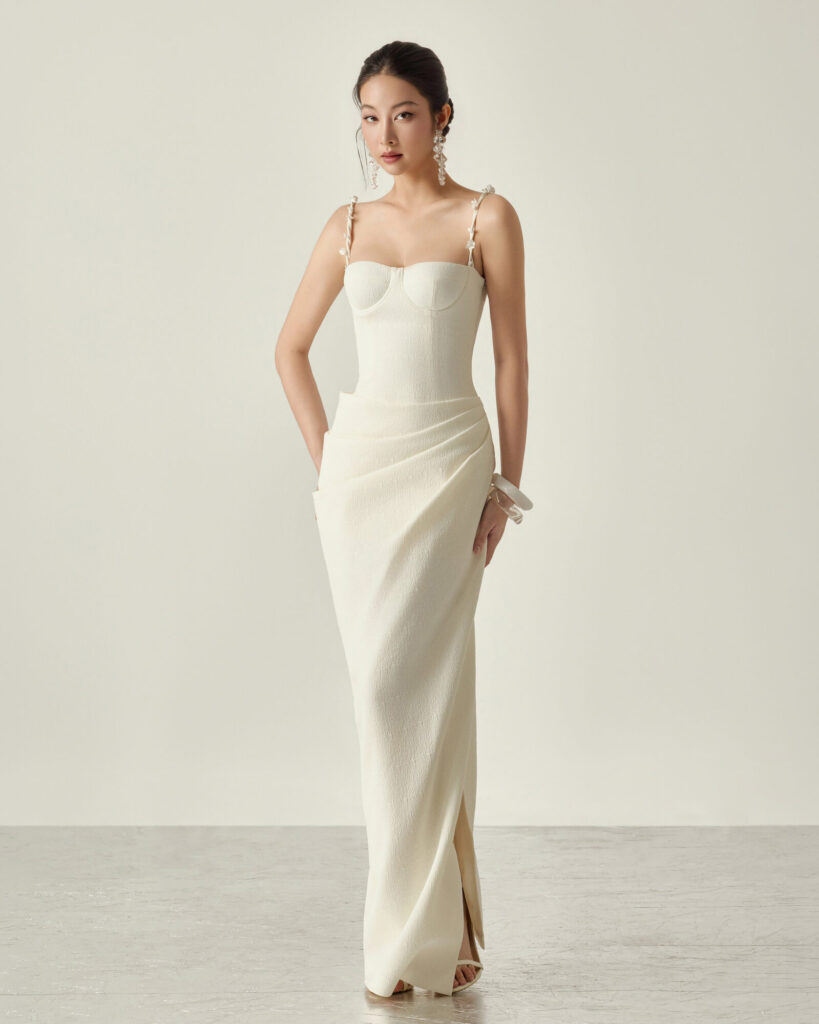 Magnolia Side Slit Drapped Midi Dress With Flowers Straps