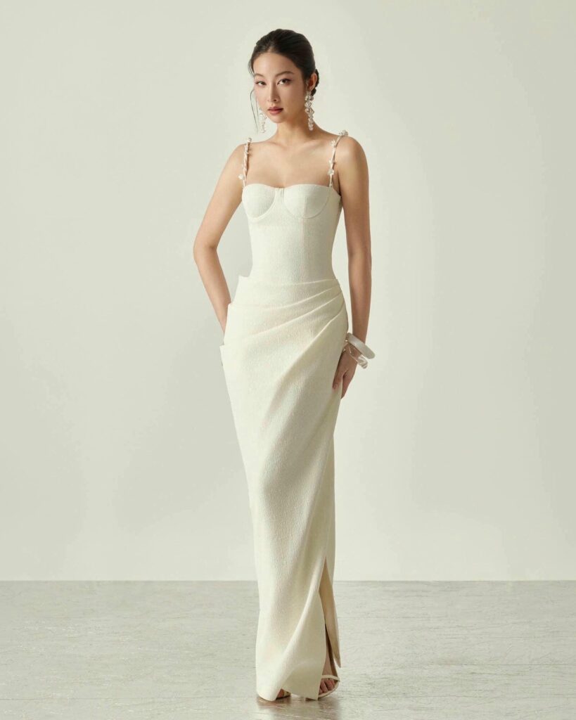 Magnolia Side Slit Drapped Midi Dress With Flowers Straps