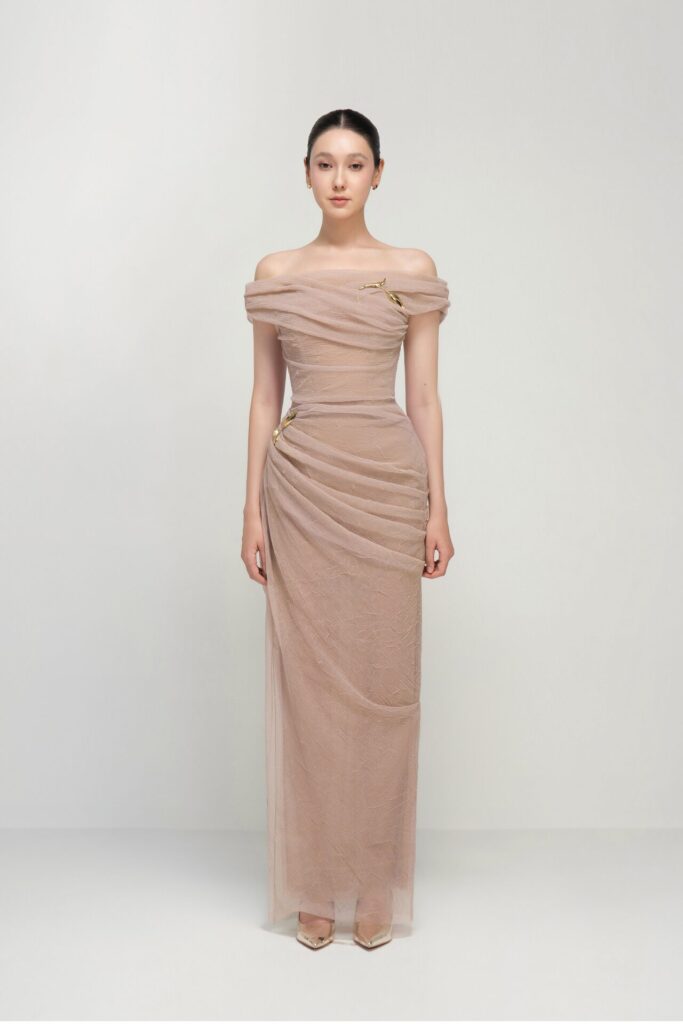 Bianca draped illusion dress