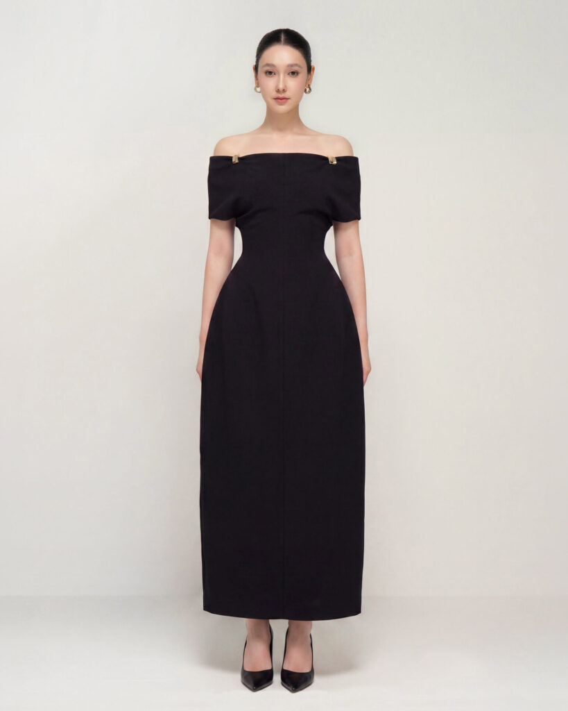 Taylor off-shoulder sculpted midi dress