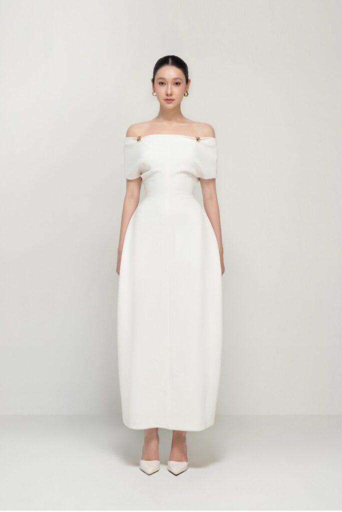 Taylor off-shoulder sculpted midi dress