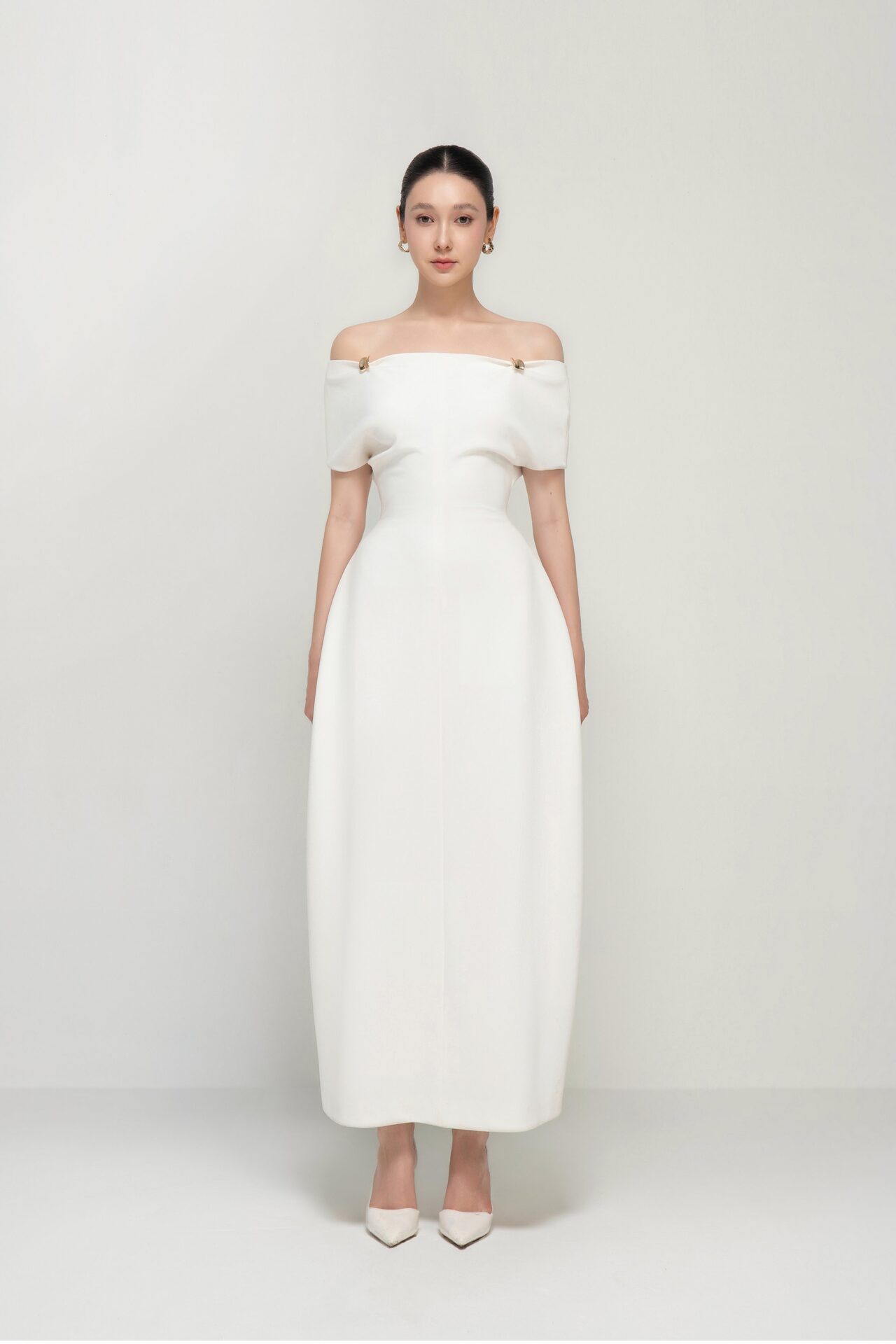 Taylor off-shoulder sculpted midi dress