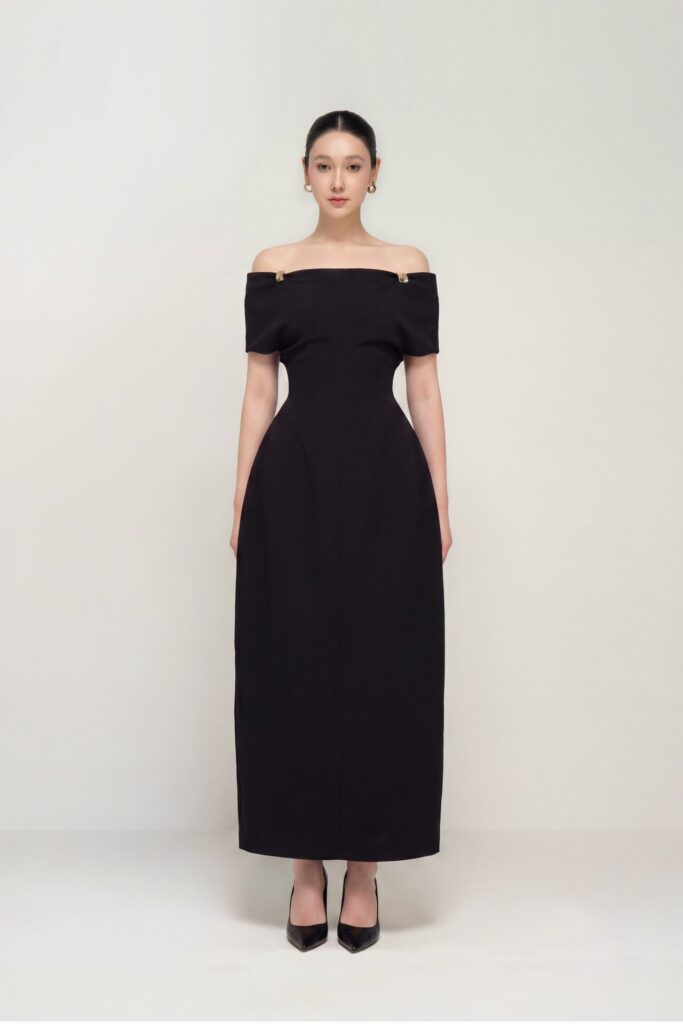 Taylor off-shoulder sculpted midi dress