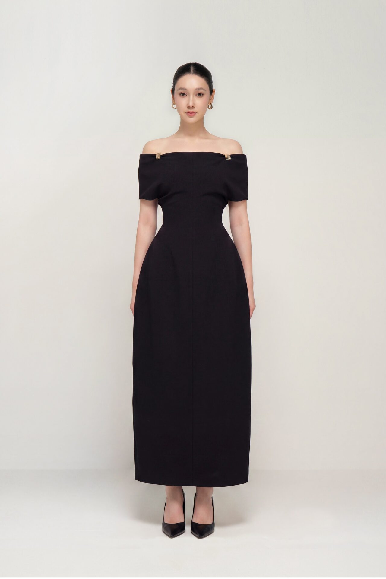 Taylor off-shoulder sculpted midi dress