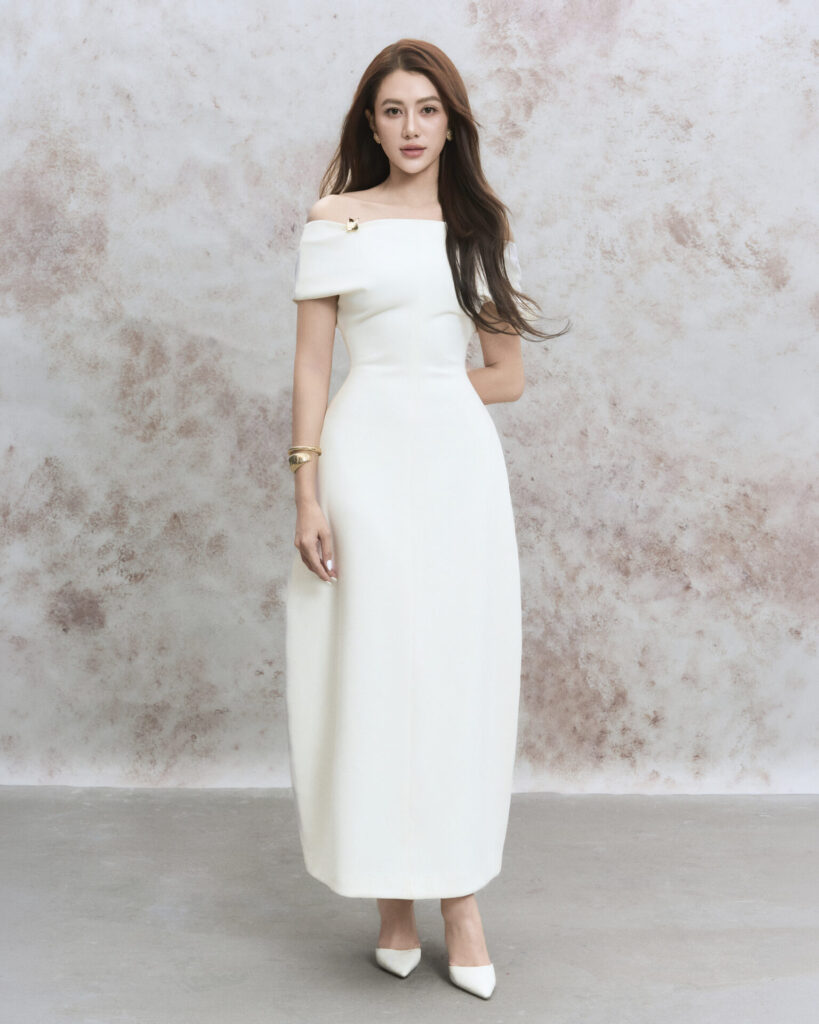 Taylor off-shoulder sculpted midi dress