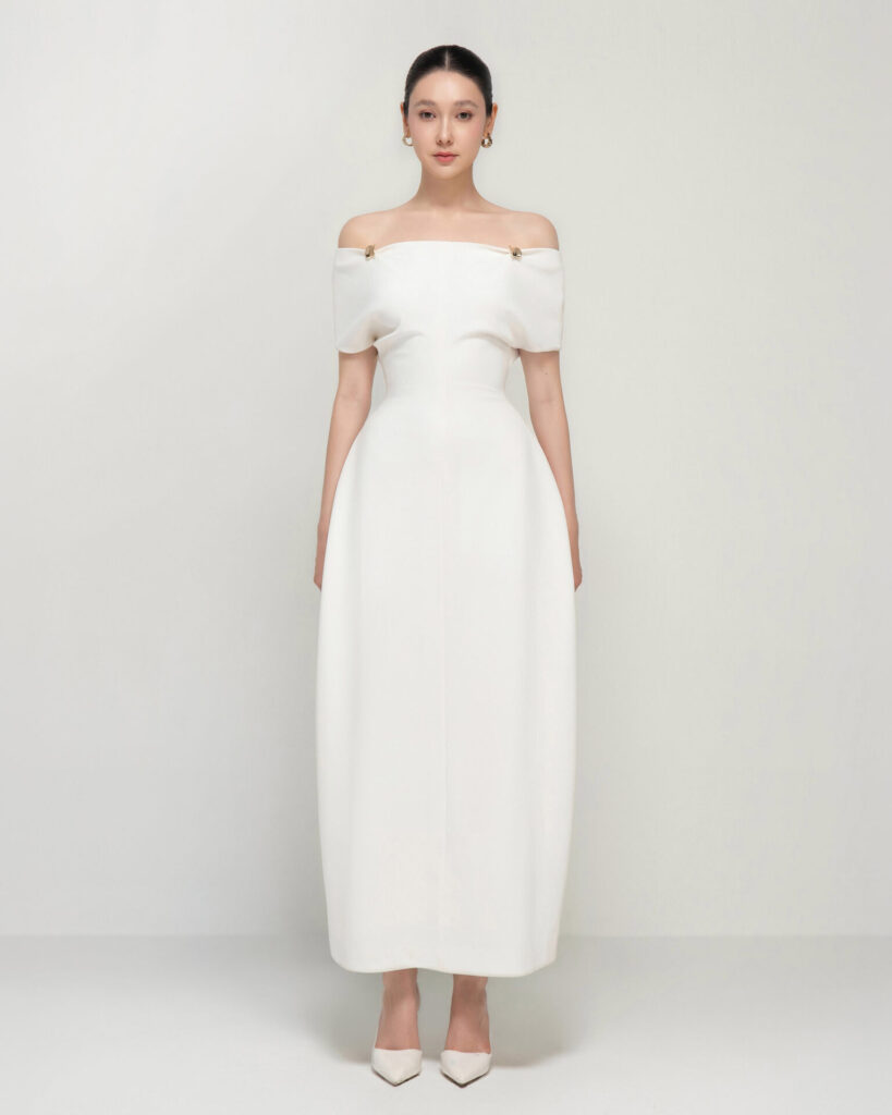 Taylor off-shoulder sculpted midi dress