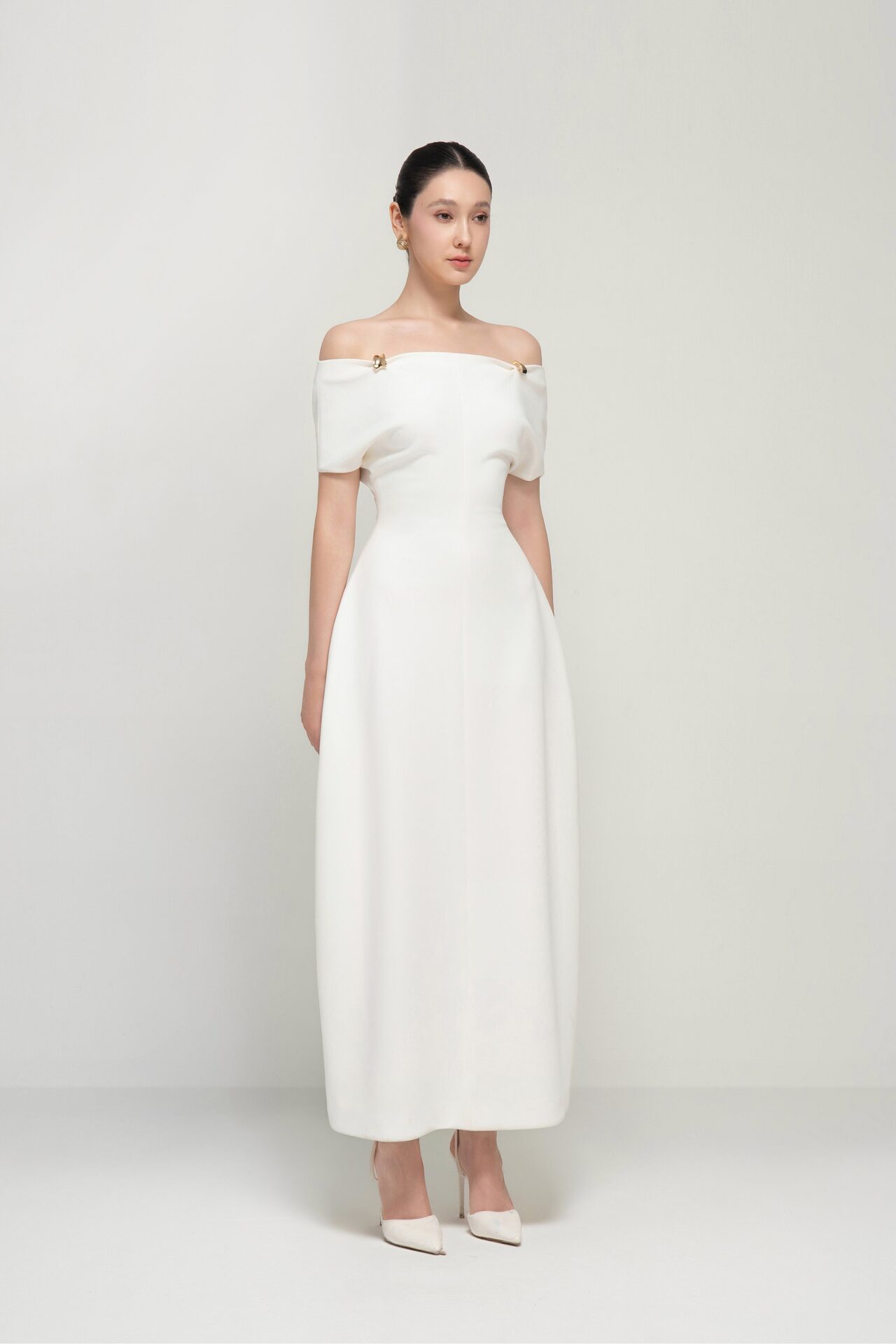 Taylor off-shoulder sculpted midi dress