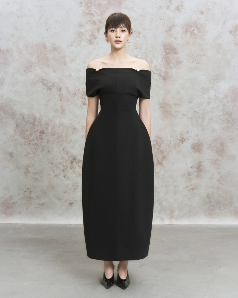 Taylor off-shoulder sculpted midi dress